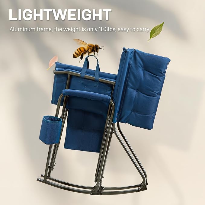 EVER ADVANCED Lightweight Folding Rocking Camping Chair Padded Portable Rocker Chair for Patio Lawn and Outdoors Heavy Duty Hard Armchair for Adults Blue