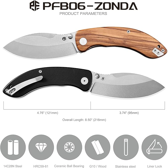 Petrified fish PFB06 Zonda Folding Knife3.74 14C28N Steel Black Stonewashed Blade G10 Handle Folding knife for EDC Camping Outdoor (Black Black Stonewashed)