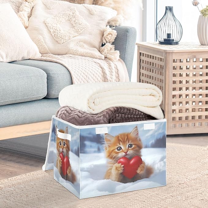AIXIWAWA Lidded Storage Cube (Cat with Heart) Fabric Foldable Closet Bins with Flip Lid and Handles Organizer Basket Container 16.5 x 12.6 x 11.8 IN