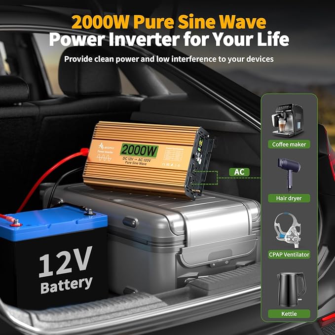 2000 Watt Inverter 12V DC to 110V/120V AC Pure Sine Wave Inverter for Truck/RV/Home/Solar/Off-Grid Surge 4000W Pure Sine Power with 2 AC Sockets 5V 3.4A USB Digital Display Remote Controller