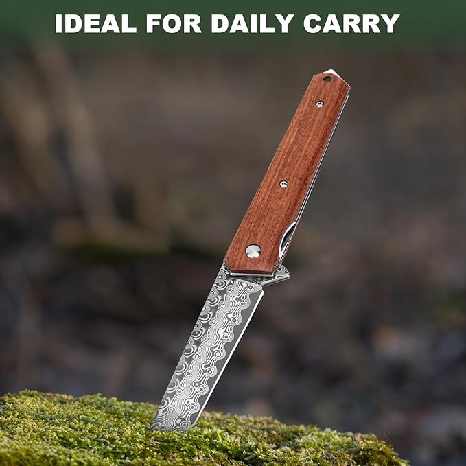 AUBEY Damascus Pocket Knife for Men Sharp Tanto Blade with VG10 Core Folding Knives with Wooden Handle and Glass Breaker for EDC Camping Gift Collection