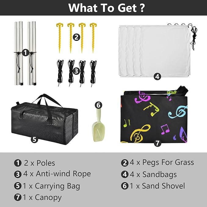 ALAZA Musical Notes Music Beach Tent Sun Shelter UPF50+ Protection Beach Shade Canopy w/ 4 Sandbags for Outdoor Camping Fishing Backyard Fun Picnic 10x9 ft
