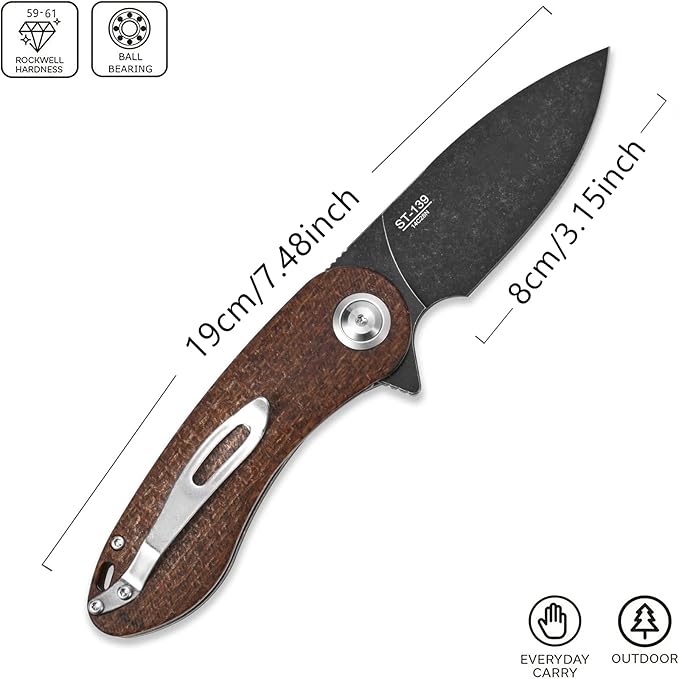 Sitivien ST139 Folding Knife Sandvik 14C28N Steel Blade Knife Micarta Handle EDC Tool Knives for Outdoor Camping Hiking Hunting Survival(Brown)