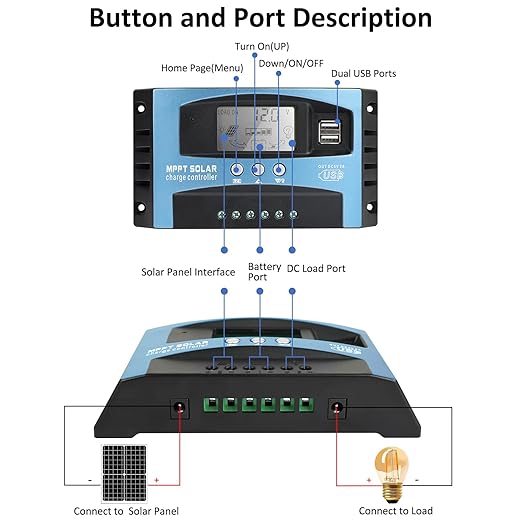 60A MPPT Solar Charge Controller 12V/24V Auto Solar Panel Intelligent Regulator with Dual USB LCD Display Multiple Load Control Modes Timer Setting