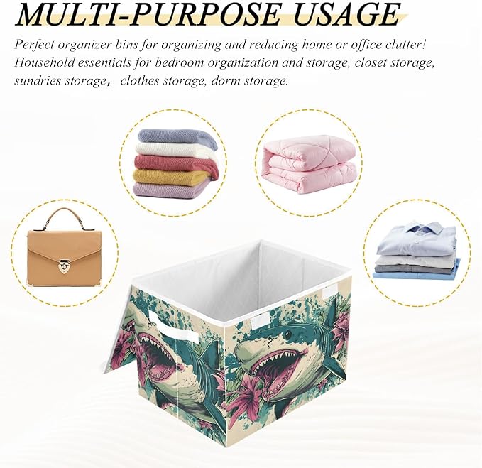Storage Cube with Lid Floral Fish Print 16.5×12.6×11.8 IN Collapsible Large Capacity Foldable Storage Basket Bin Organizer