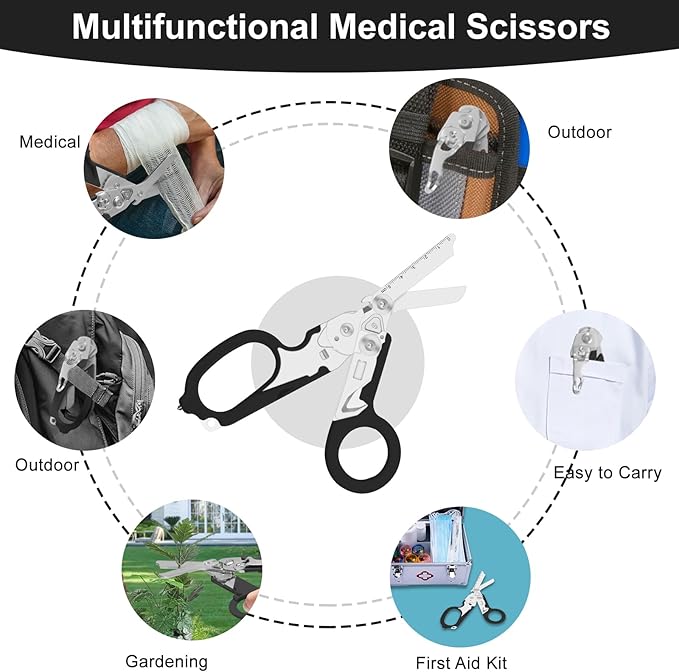 6 in 1 trauma shears Folding Retractable Emergency Shears Outdoor Camping Tools Seat Belt Cutter Oxygen Cylinder Wrench Complimentary Adjustable Wrench (black)