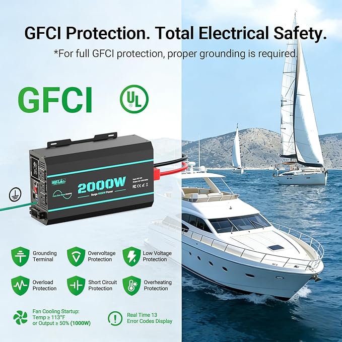 HQST 2000W Pure Sine Wave Inverter 12V DC to 110V AC Converter w/ 4000W Peak GFCI Protection 3X AC Sockets Hardwire Port Remote Solar Power Inverters for Vehicles Camping RVs Home Off Grid