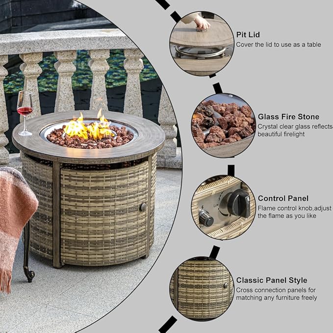 OutVue 32 inch Propane Fire Pit TableWicker Gas Fire Pits Table with Lid &amp Lava Rocks 50000 BTU Round Propane Firepit for Outside Fire Table for DiningParty PatioYard