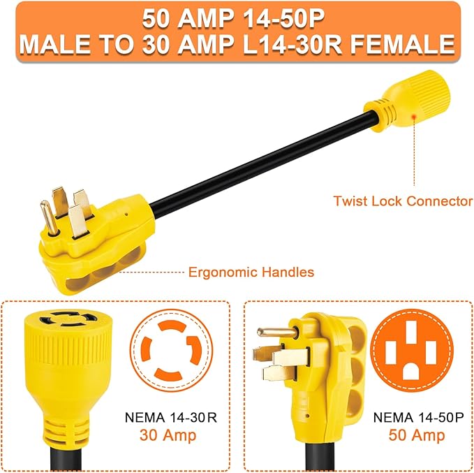 10 FT NEMA 14-50P to L14-30R Generator Transfer Switch Adapter Cord 240V/120V 50 Amp Male to 30 Amp Female Twist Lock 4 Prong Generator Adapter Cord STW 10 AWG Heavy Duty ETL Listed