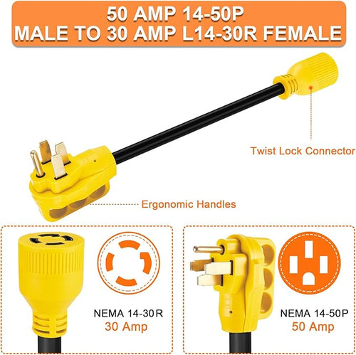 10 FT NEMA 14-50P to L14-30R Generator Transfer Switch Adapter Cord 240V/120V 50 Amp Male to 30 Amp Female Twist Lock 4 Prong Generator Adapter Cord STW 10 AWG Heavy Duty ETL Listed