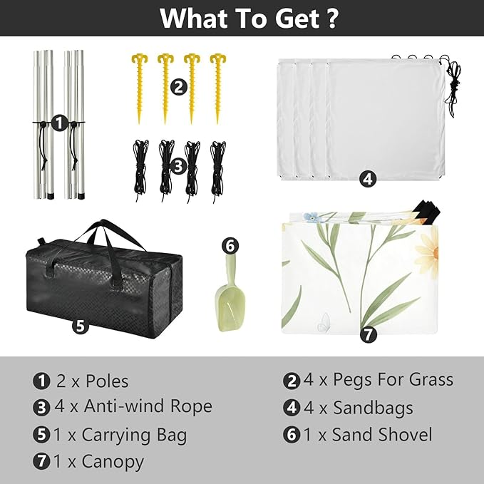 xigua Wildflowers Beach Tent Sun Shelter with Carrying Bag - Silver Coated Oxford Fabric Beach Canopy for Beach Camping Fishing - Includes Windproof Ropes Sandbags &amp Stakes