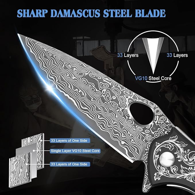 KOMWERO Damascus Pocket Knife with 2.95 VG10 Steel Blade Folding Knife with Aluminum Alloy Non-Slip Handle EDC Knife with Leather Sheath and Pocket Clip for Men Women Camping Survival Hiking