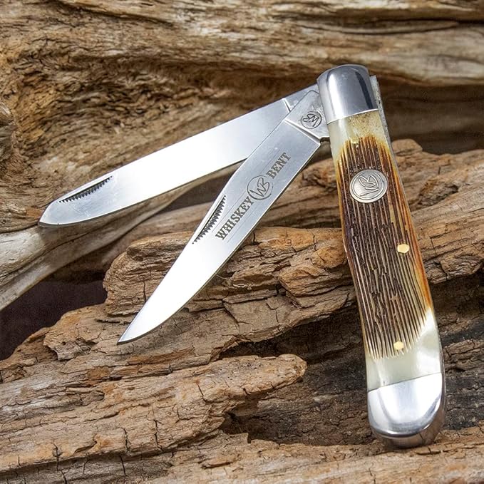 WHISKEY BENT HAT CO. Traditional Trapper Folding Pocket Knife 4.125 Closed Length 440C Stainless Steel Blades (Sawmill)