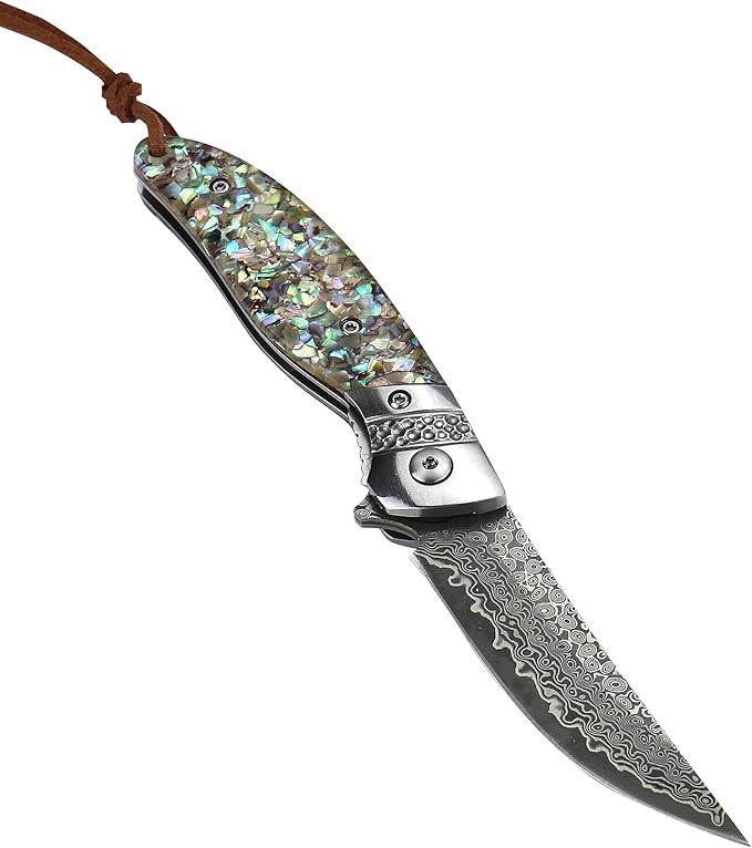 ALBATROSS Premium Damascus Pocket Knife - EDC Folding Knife with Abalone Shell Handle Ball Bearing Opening Liner Lock System - Everyday Carry for Outdoor Hunting Collection - HGDK028-AS