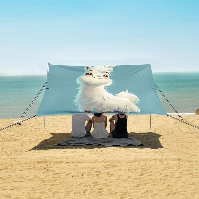 ALAZA Cute Cartoon Llama Alpaca Beach Tent Sun Shelter UPF50+ Protection Beach Shade Canopy w/ 4 Sandbags for Outdoor Camping Fishing Backyard Fun Picnic 10x9 ft