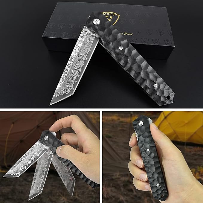 AUBEY Damascus Pocket Knife Tanto VG10 Core Damascus Steel Folding Knives with Ball Bearing Aluminum Alloy Non-Slip Handle and Glass Breaker EDC Damascus Knife for Men Women (Black)