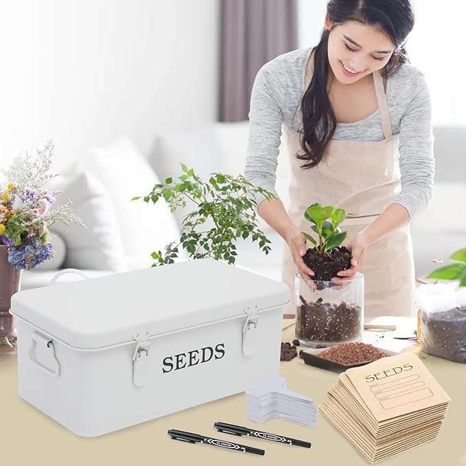 Seed Storage Organizer 4 Compartment Seed Storage Box with Safety Lock Metal Seed Box Container with 2 Pens 20 Plant Labels and 50 Seed Envelopes for Seed Packet &amp Small Garden Tool White