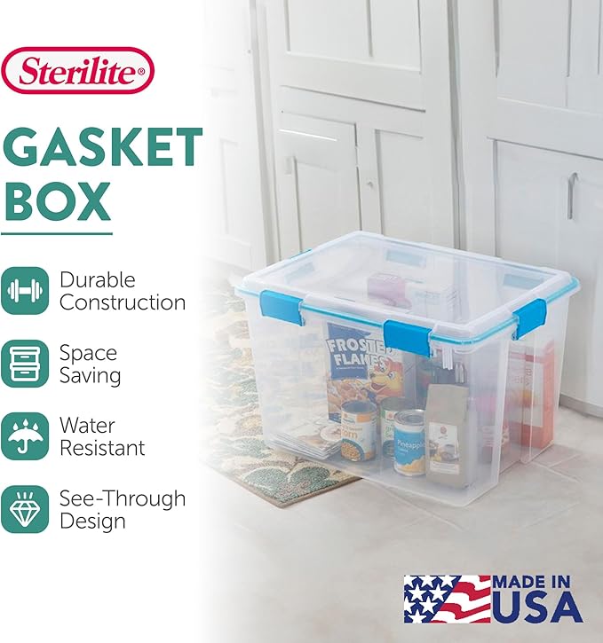 Sterilite 16-Pack Gasket Box Weather-Resistant Storage Bins with Latching Lids 80 Quart - Heavy-Duty Organizing Containers for Closet Bathroom and Office