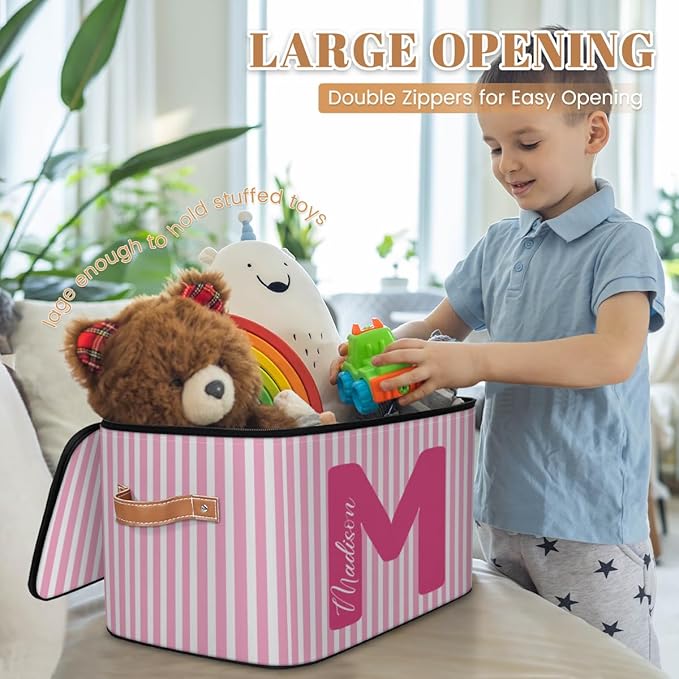 Custom Memory Storage-Bin for Kids Personalized Stripe Keepsake Storage Basket with Handle Lid Large CapacityFolable Fabric Box Decorative for Family