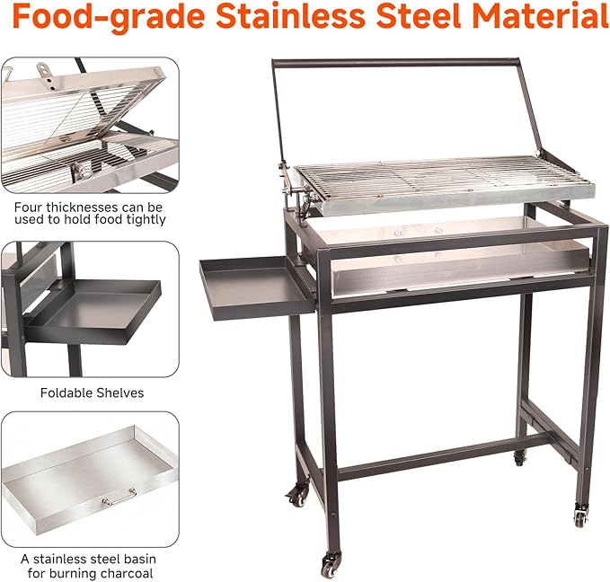 Floor-Standing Rotisserie Grill - 360 Rotating Stainless Steel Flipping Barbecue with Foldable for Outdoor Camping Backyard Includes Wheels Removable Ash Drawer (KA-6168L)