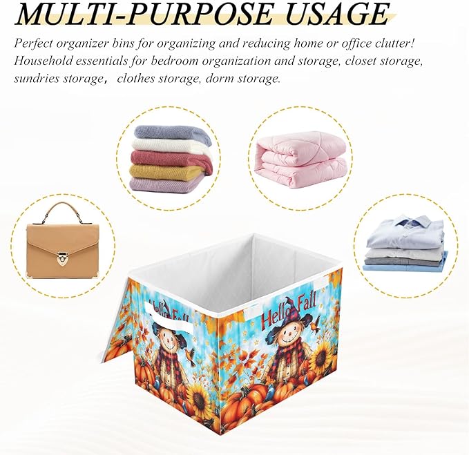 senya Large Storage Bins with Linen Words Hello Fall Collapsible Foldable Storage Cubes Fabric Closet Organizer Containers Box with Flip-Top Lid for Home Bedroom Office 16.7 x 12.6 x 11.8in