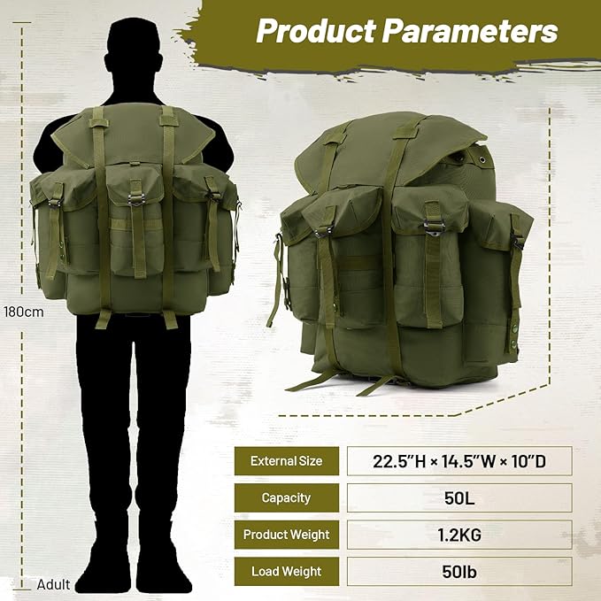 50L Military Alice Pack Army Survival Combat ALICE Rucksack Backpack for Men &amp Women for Camping Hiking Emergency Army Green
