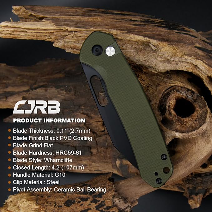 CJRB Pyrite-Alt (J1925A) Folding Pocket Knife with 3.11'' Black PVD AR-RPM9 Blade Green G10 HandleButton Lock EDC Knife with Thumb Hole for OutdoorHiking