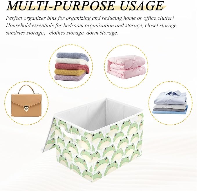 Frogs Storage Cube Bins Basket with Lid Collapsible Flip-top Fabric with Handle for Home Bedroom Closet Office 16.5×12.6×11.8 in