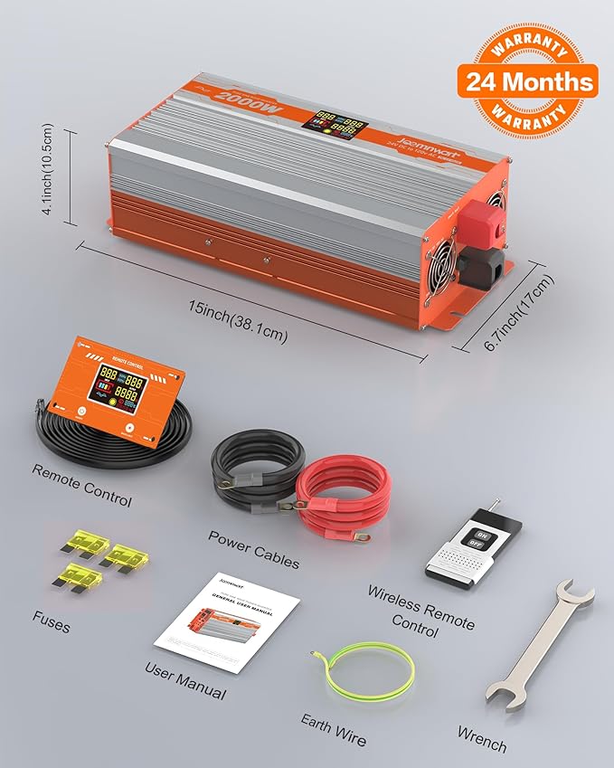 2000W Pure Sine Wave Power Inverter 24V to 120V AC Converter 4000W Peak for RV Truck Solar with Dual AC and 20A Outlets4 Quick Charging USB Ports Remote Controller