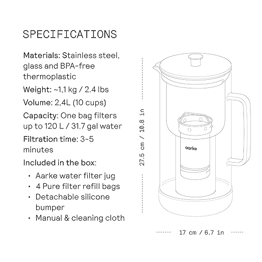 Aarke Purifier Regular Glass Pitcher Bundle w/Steel Filter BPA-Free 4 Pure Refill Granules - Filters Heavy Metals 2.4L Pitcher with 1.18L Filtration Capacity