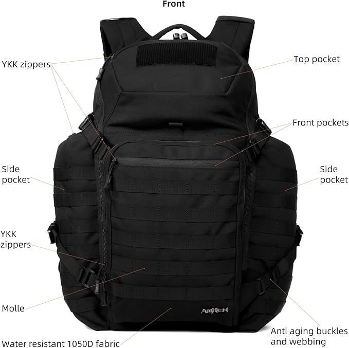 AMHEH 52L 1050D Tactical Backpack - 72 Hour Emergency Get Home Bug Out Bag with 17 Laptop and Helmet Pocket Heavy Duty Work Black