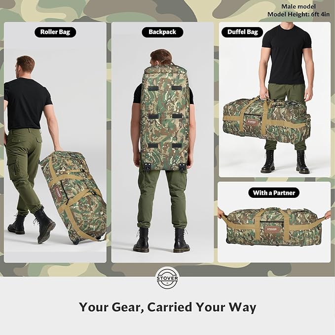 STOVER 45/80/100L Rolling Duffel Bag with Wheels X-Large Durable Travel Duffle + Toiletry Bag Heavy Duty Packable with Shoulder Straps- Use as Luggage or Backpack (Camouflage)