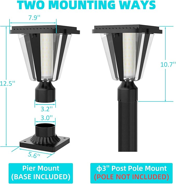 Lovus Solar Post Lights with Pier Mount Base 6000K Cold White Solar Lamp Post Light IP65 Waterproof Dusk to Dawn LED Outdoor Column Lights 400LM Pole Light for Pillar Garden Yard Gate 2 Pack
