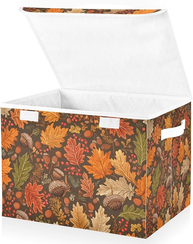Storage Bins with Lids Storage Containers Box Organizer Bin Basket with Handles for Closet Shelves Clothes Stackable Foldable Decorative Brown Maple Leaves Acorns Berries Branches