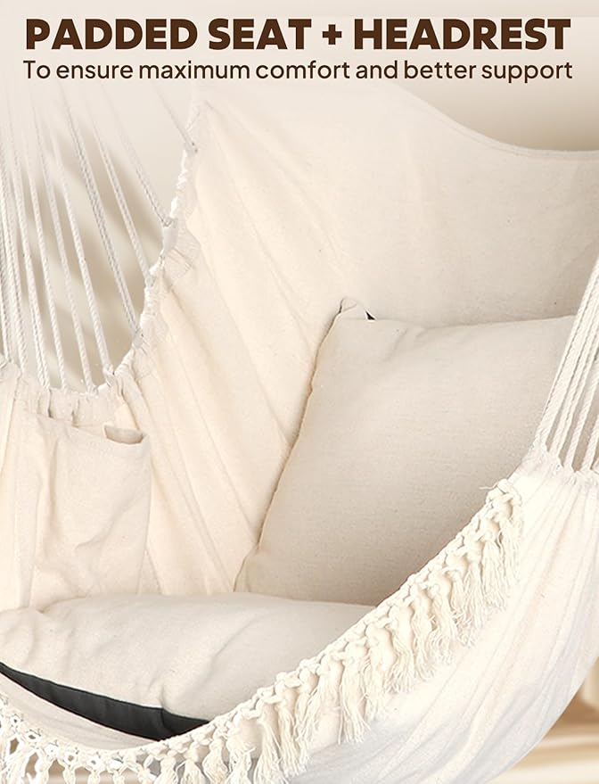 Chihee Hammock Chair Hanging Swing 2 Pillows IncludedStrong Webbing Straps and Hooks for Easy Hanging Soft Cotton Hanging Chair Side Pocket Tassel Chair Comfort Indoor Outdoor