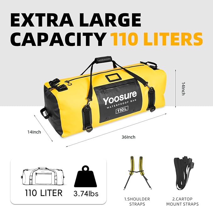 Airtight Zipper Waterproof Duffel Bag 110L- 700D PVC Dry Bag Extra Large Dry Bags with Straps&ampHandles for Camping Boating Kayaking Rafting Canoeing Gym Beach Car Roof Storage (Yellow)