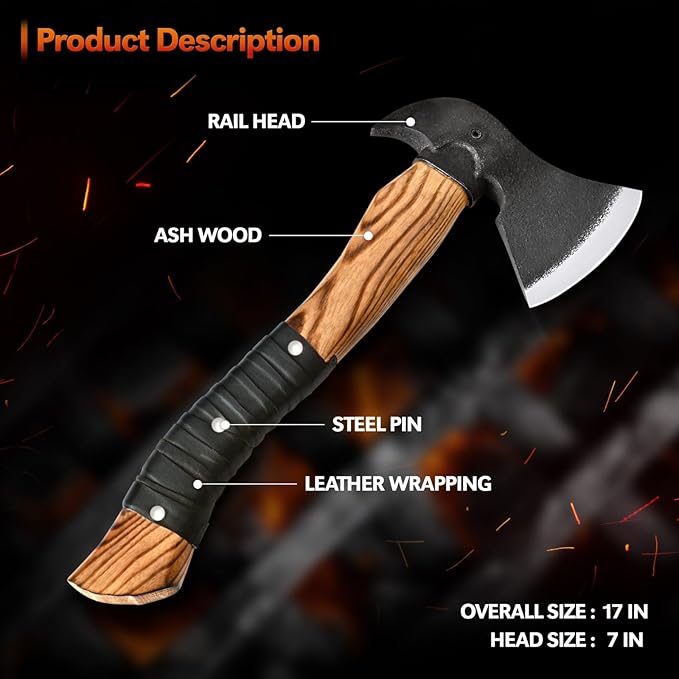 14” Hatchet Axe Camping Hatchet Hand Forged Axe with Sheath for Wood Chopping Splitting &amp Carving Bushcraft Axe with Ash Wood Handle for Outdoor &amp Survival