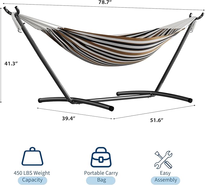 GarveeLife Double 2 Person Hammock Indoor Outdoor Standing Hammock with Space Saving Steel Stand Carry Bag 450 LBS Weight Capacity Suitable for Garden Camping Beach Coffee