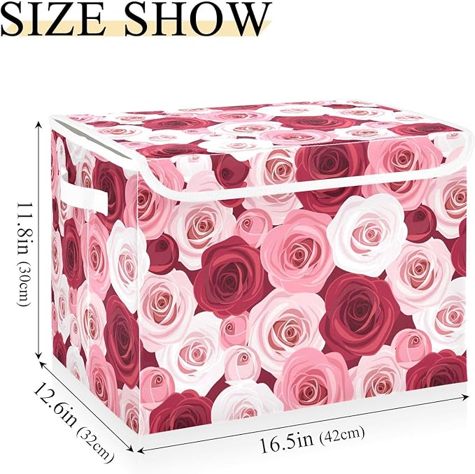 Red Pink Roses Print Lidded Home Storage Bins Closet Storage Bins Foldable Oxford Fabric Storage Box for Home Bedroom Closet Office (16.5x12.6x11.8 in)