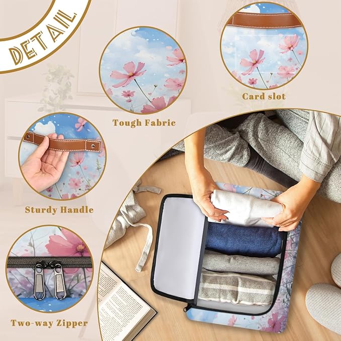 KOBLEN Poppies Seamless Pattern Storage Basket Collapsible Rectangular Storage Bins with Zipper Lid Handle Closet Shelf Cloth Organizer Basket for Nursery Bedroom Clothes Toy 2 Pack