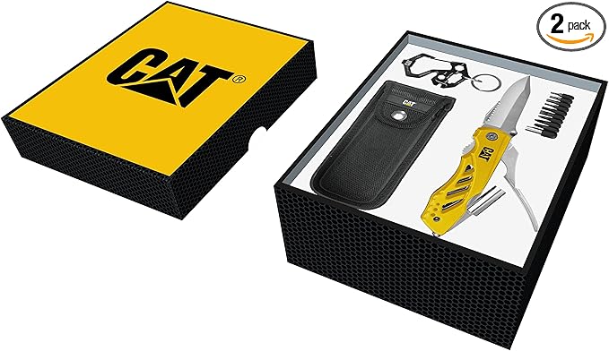 Cat 3-Piece Multi-Tool and Bit Gift Box Set 11-in-1 Folding Multi Tool Keychain Multi Tool 9-Piece Bit Set with Holder Glass Break Knife Pliers Wire Cutter Belt Pouch - 240364