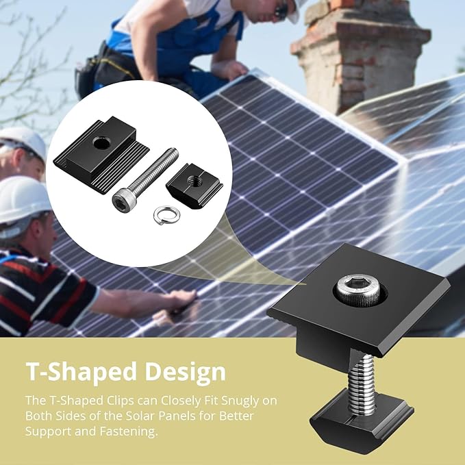 Anbte 10pcs Solar Panels Centre Clamps Aluminium T-Shaped Mid Clamps 30mm/35mm Solar Panel Mounting Brackets Solar Mounting Rail Connector for Metal Roof Tin Roof Flat Roof Sheet Roof Black