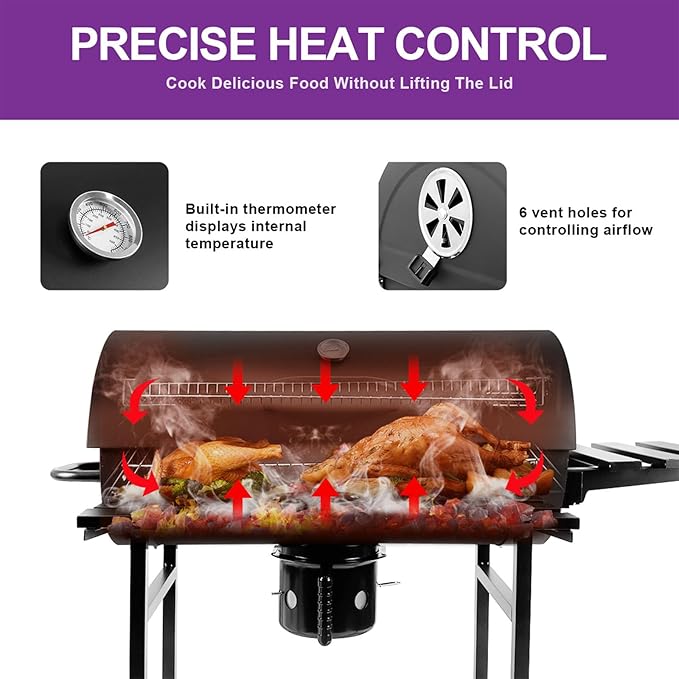 Charcoal BBQ Grill with Thermometer &amp Foldable Side Table 565 sq in Cooking Space Large Charcoal Grills Barrel Charcoal Grills for Backyards Picnic Cookouts