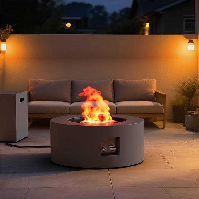 2-Piece 30 Round Propane Fire Pit for Outside Patio with Hidden Tank Table 50000 BTU Fireplaces with Lid Glass Rocks Cover(Dark Grey)