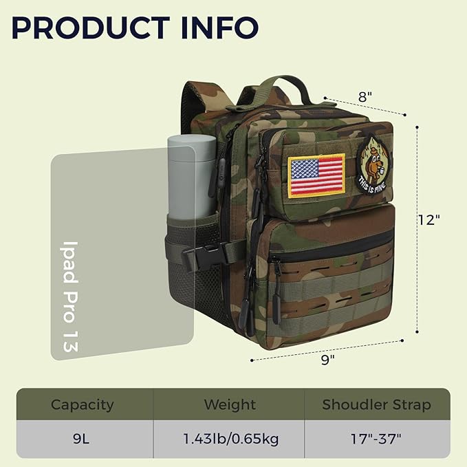 9L Mini Tactical Backpack for Men WomenSmall Military Tactical Backpack for SportGymHikingTravelCamping (Jungle Camo)