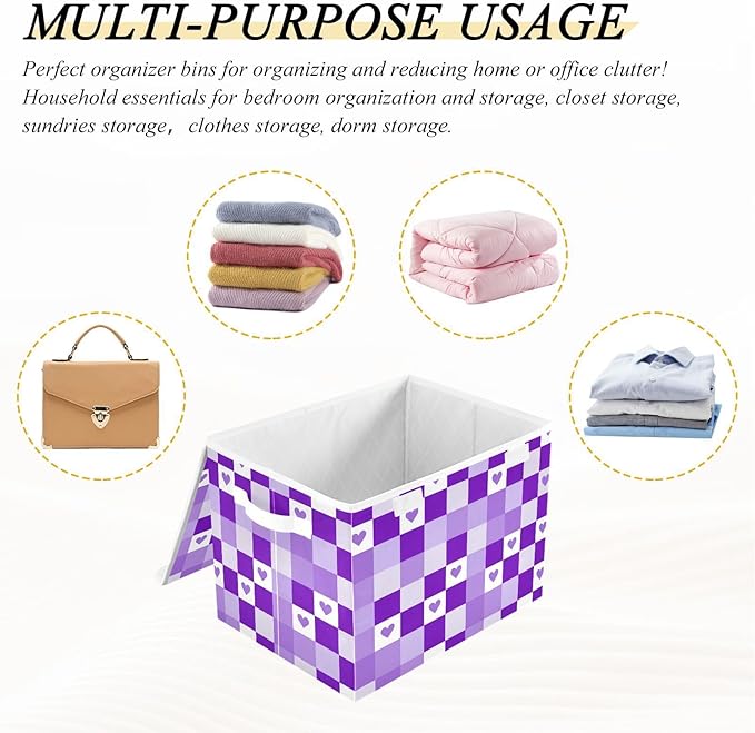 Checkered Purple Hearts Storage Box with Lid 1 PC Foldable Storage Bin with Lids Stackable Storage Bins Cube Closet Organizer Basket with Flip-Top Lid &amp Handles for Shoes Books Towels