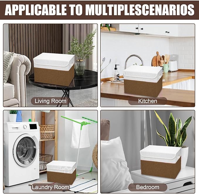 Bagnizer Large 22 Quart Linen Fabric Foldable Storage Bin Cube Organizer Basket with Flip-Top Lid &amp Handles Clothes Blanket Box for Home Office Closet Brown &amp White 4 Pack 14.6 x 9.5 x 9.