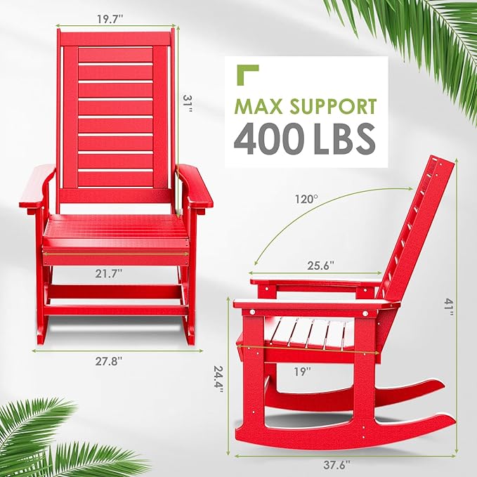 GREENVINES Outdoor Rocking Chair Set | 3-Piece | 2 Rocking Chairs with 1 Side Table | Porch Rocker | HDPE Plastic | Red | Patio Furniture Sets | High Back | Big &amp Tall | Ladder Back