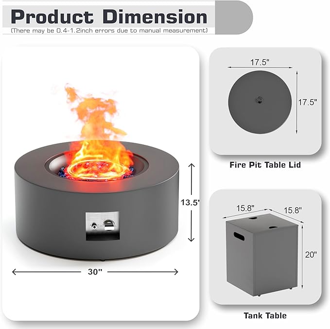 2-Piece 30 LED Round Propane Fire Pit for Outside Patio with Hidden Tank Table 50000 BTU Fireplaces with Lid Glass Rocks Cover(Dark Grey w/Golden Light)