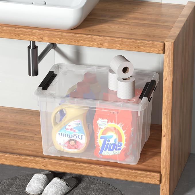 Sandmovie 40 Quart Clear Large Plastic Storage Bin Latching Storage Box with Lids and Wheels Pack of 4